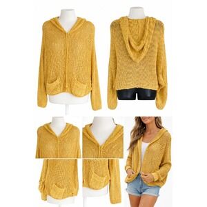 YA Los Angeles Mustard Gold Open Knit Hoodie Sweater Boho L